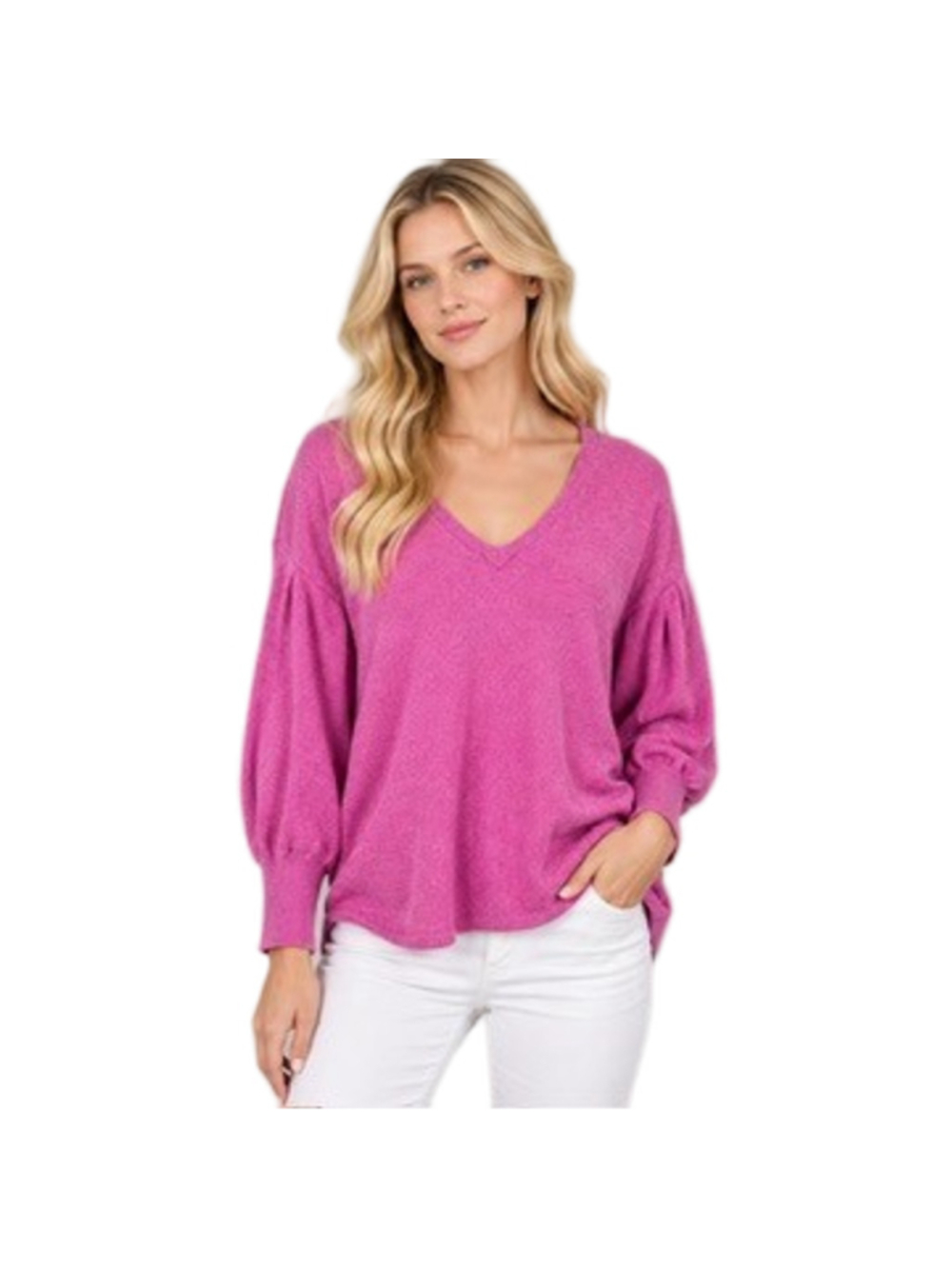Candace Cameron Bure Cozy V-Neck Drop Shoulder Sweater Geranium Pink Puff Slv L